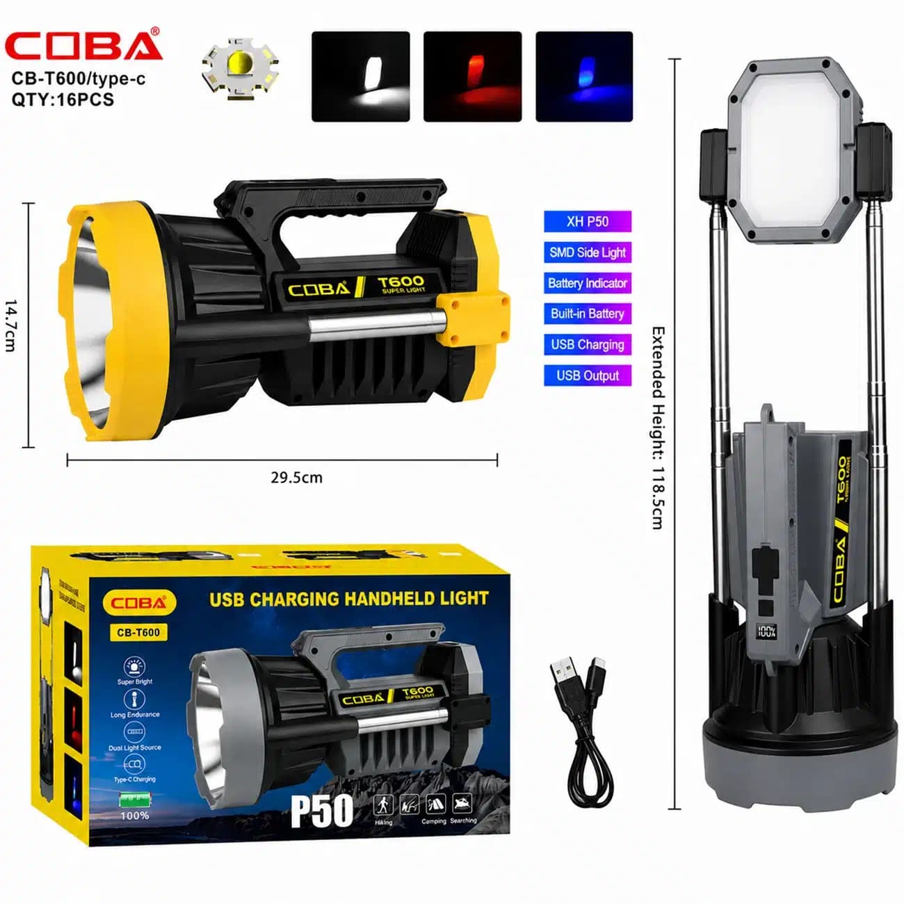 پروژکتور و چراغ قوه شارژی کوبا Coba مدل CB-T600 چندکاره برد 600 متر — تصویر ۱۱