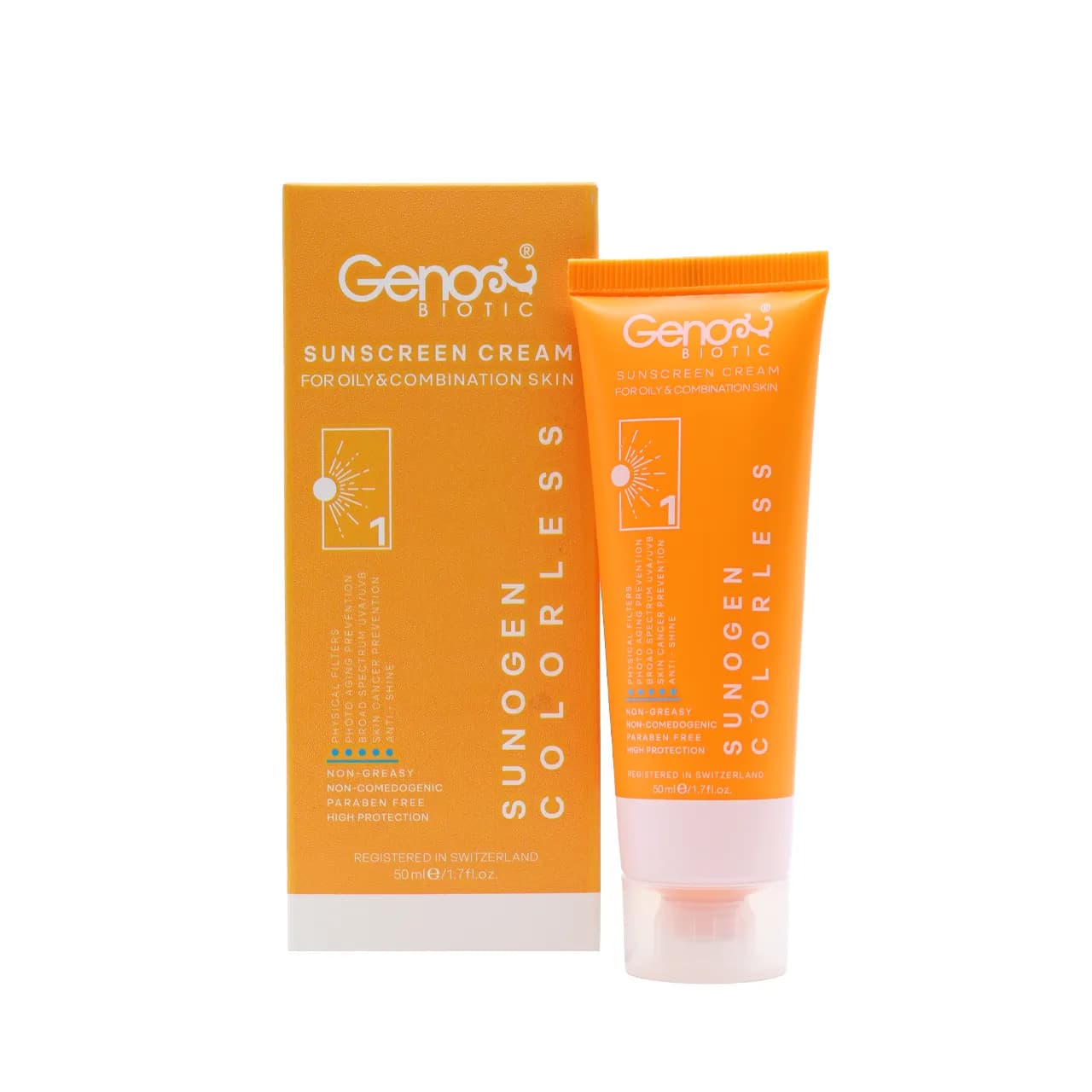 کرم ضد آفتاب بی رنگ پوست های چرب SPF 50 سانوژن ژنوبایوتیک