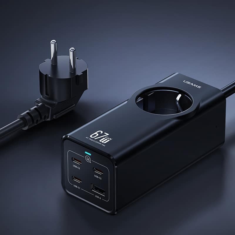 چند راهی برق یک سوکت، 3 تایپ سی و 1 یو اس بی فست شارژ 67 وات یوسامز CC225 — تصویر ۶
