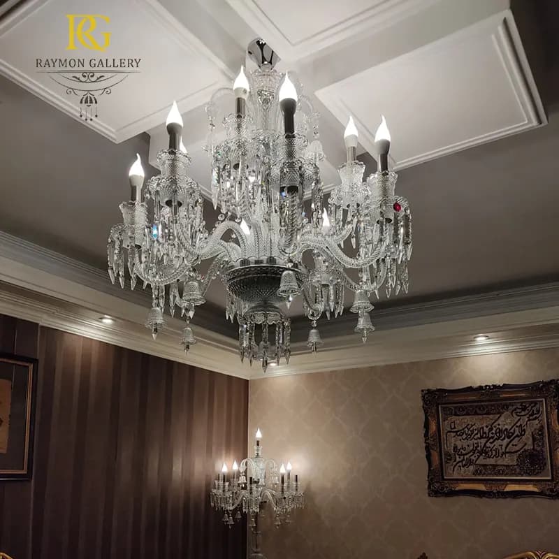 لوستر باکارات سفید کریستالی زنگوله ای (12شاخه) — تصویر ۳