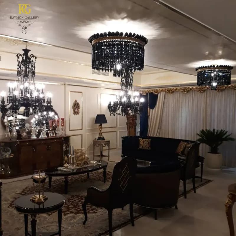 لوستر باکارات سقفی دایره ای مشکی ریسه ای (قطر 60) — تصویر ۳