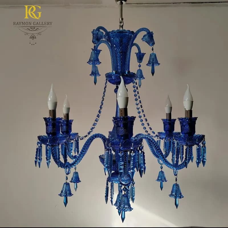 لوستر باکارات آبی و کریستال اشکی( 6 شاخه) — تصویر ۳