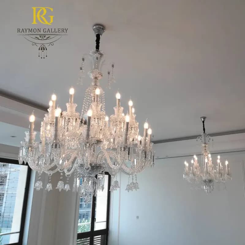 لوستر باکارات شفاف کلاسیک با ریسه ای مهره ای کریستالی (24شاخه) — تصویر ۲