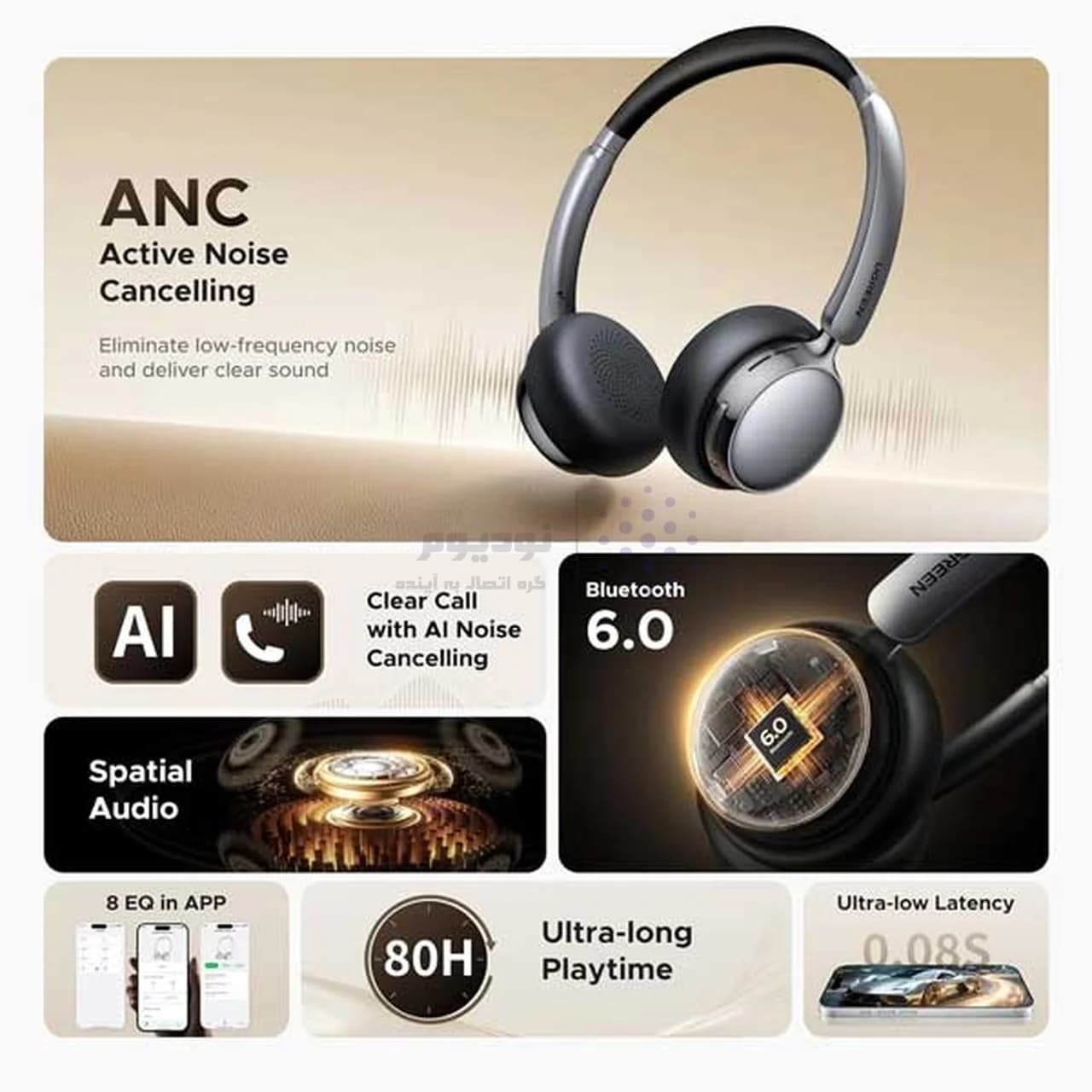 هدفون بی سیم UGREEN مدل HP207-75630 ANC – مشکی (گارانتی 18 ماهه آسان پیشرو) — تصویر ۵