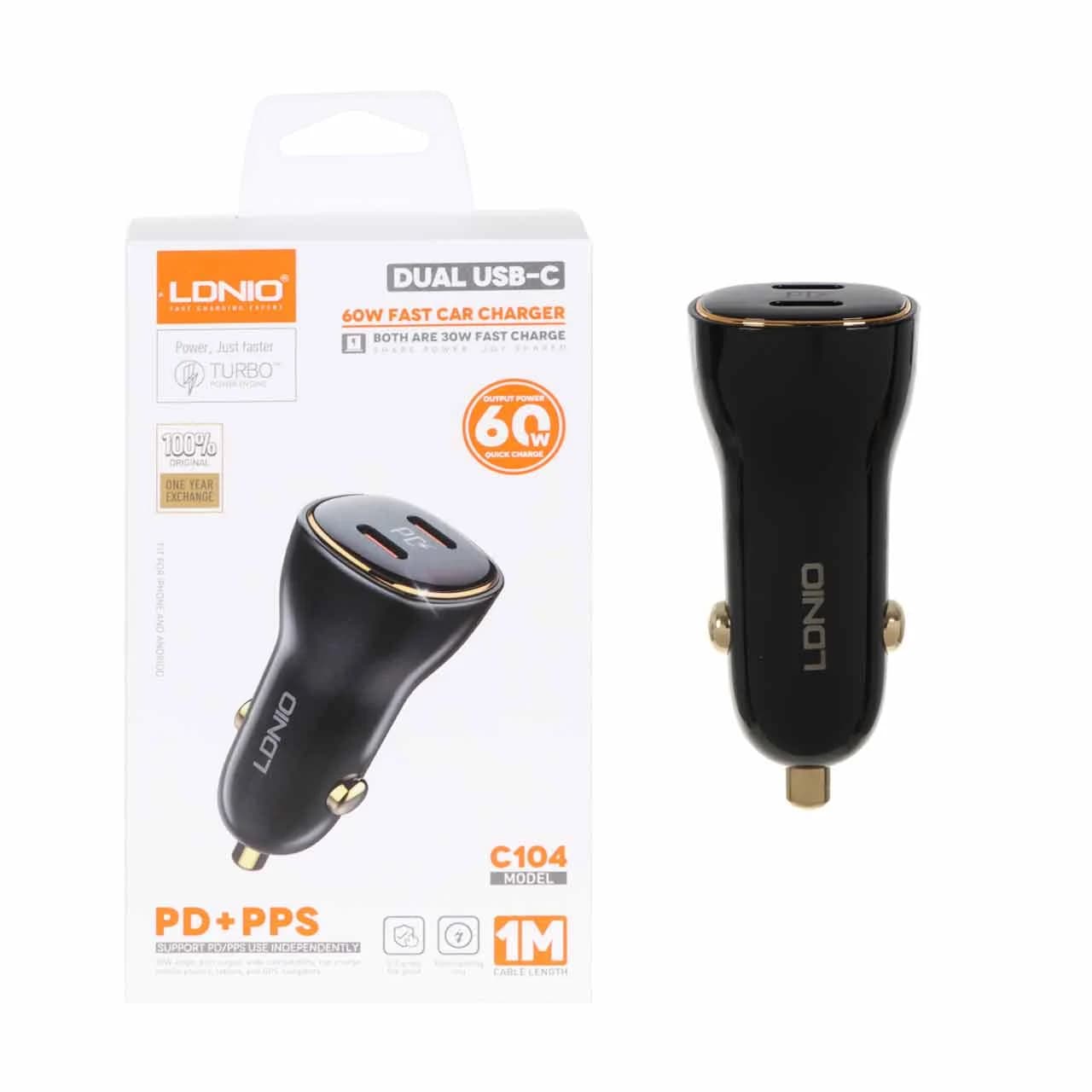 شارژر فندکی فست و PD دو پورت LDNIO مدل C104 60W به همراه کابل شارژ Type-C – مشکی — تصویر ۲