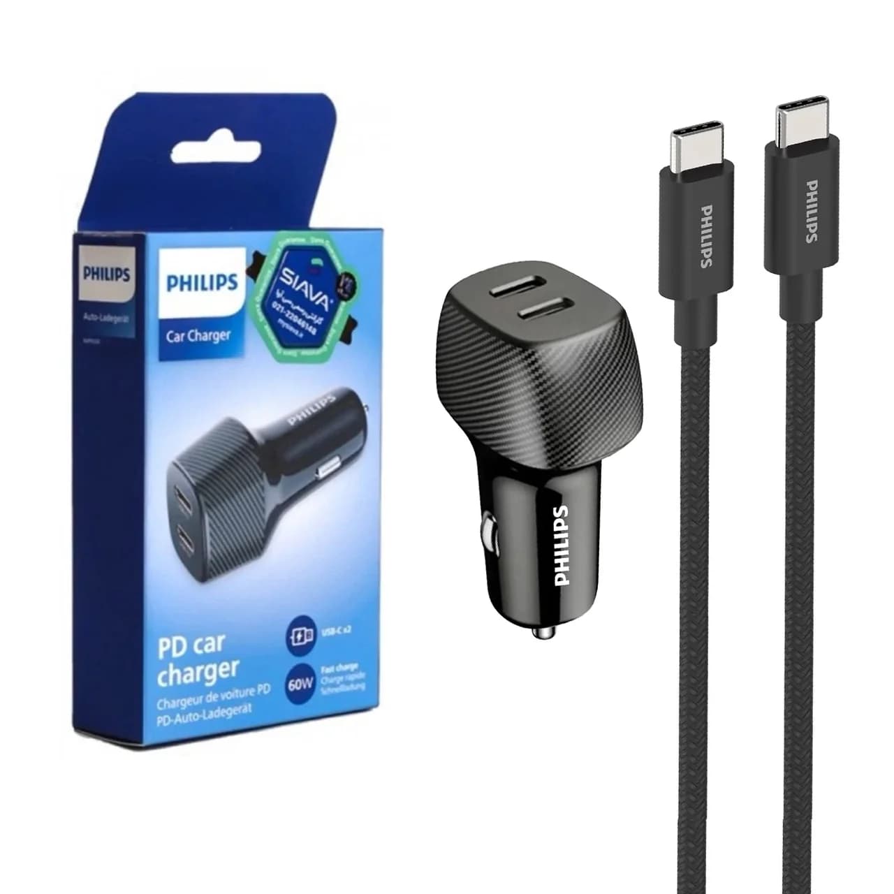 شارژر فندکی PD و فست دو پورت Philips مدل DLP5522CC 60W به همراه کابل شارژ Type-C To Type-C – مشکی (گارانتی دوساله سی آوا)