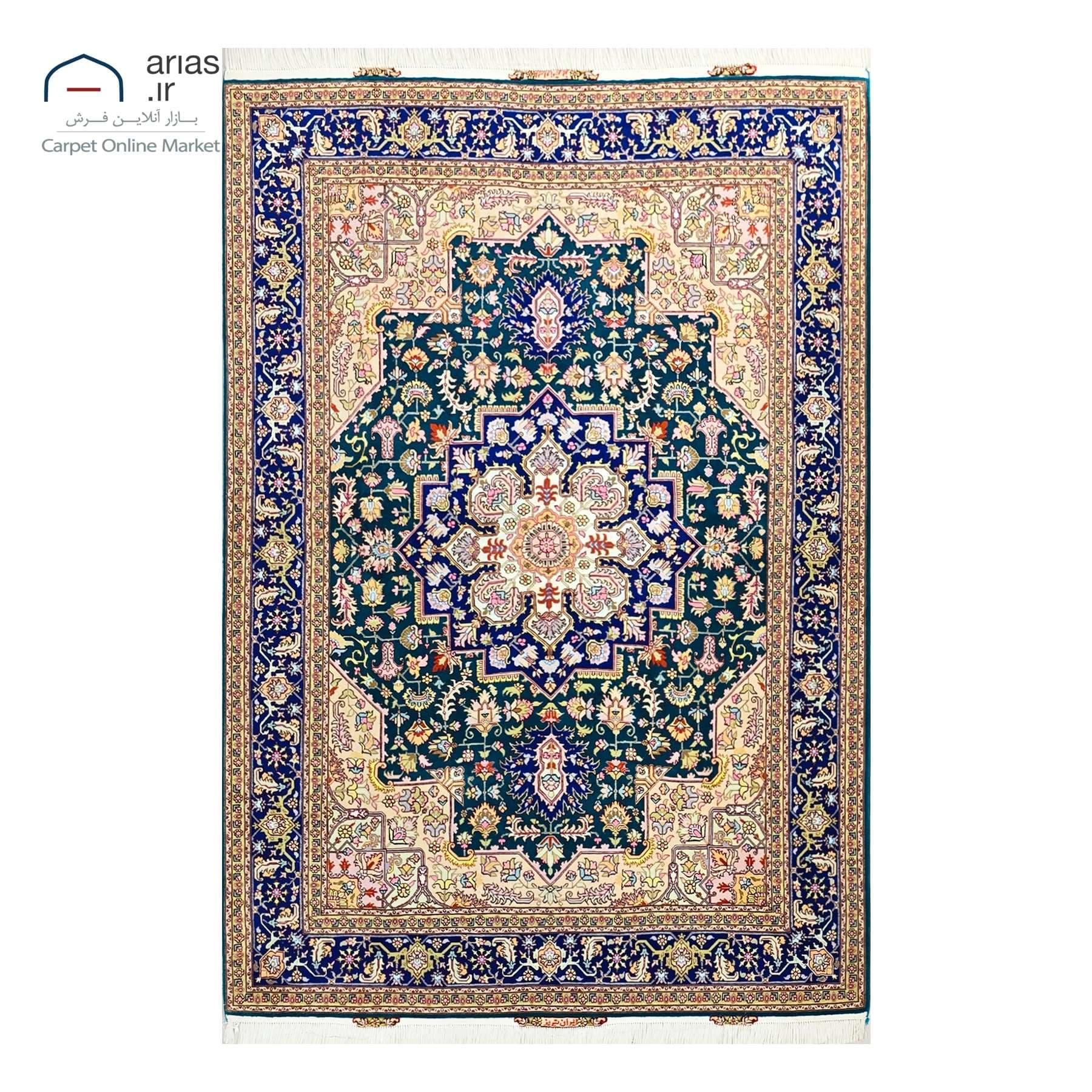 فرش دستباف سه متری نقشه هریس چله نخ گل ابریشم متن سبز بافت تبریز کد D11113T