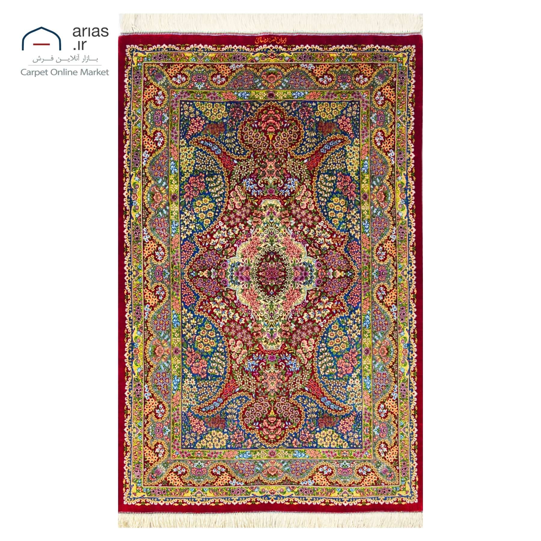 فرش دستباف ذرع چارک تمام ابریشم طرح لچک ترنج زمینه لاکی بافت قم کد D11130G
