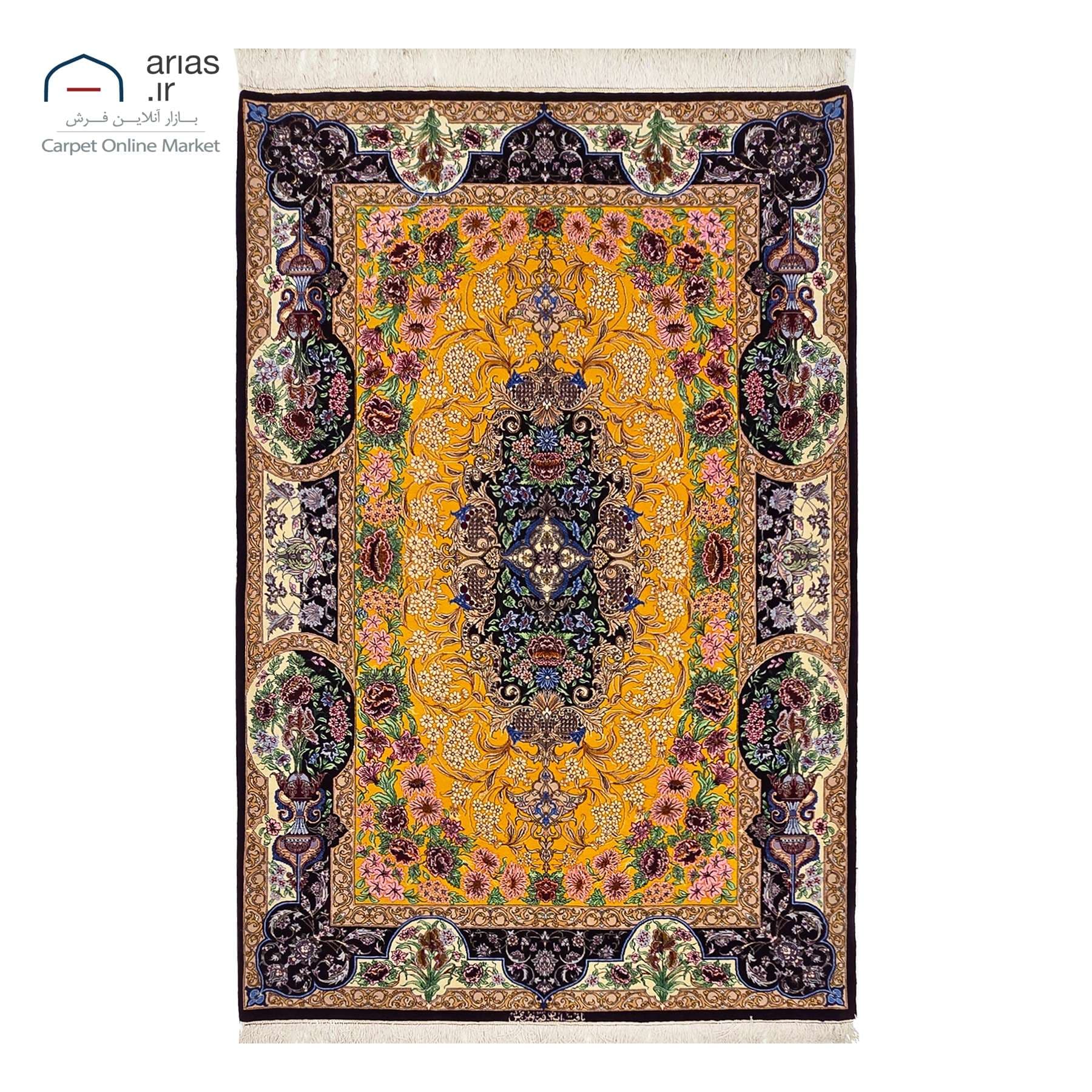 فرش دستباف 3 متری کرک چله ابریشم زمینه طلایی بافت قم مارک مهربخش کد D03218G