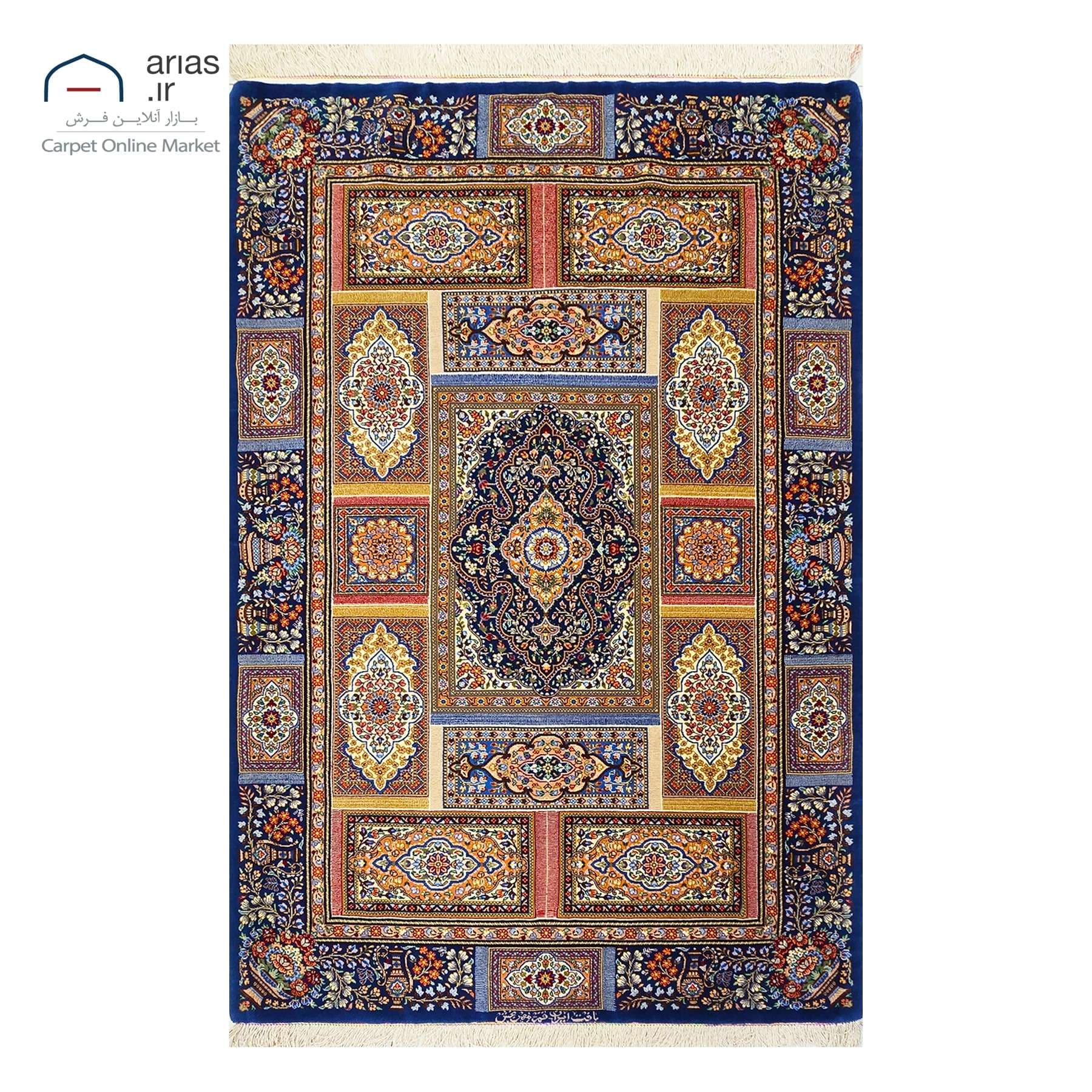 فرش دستباف کرک چله ابریشم زمینه الوان بافت قم مارک مهربخش کد D03216G