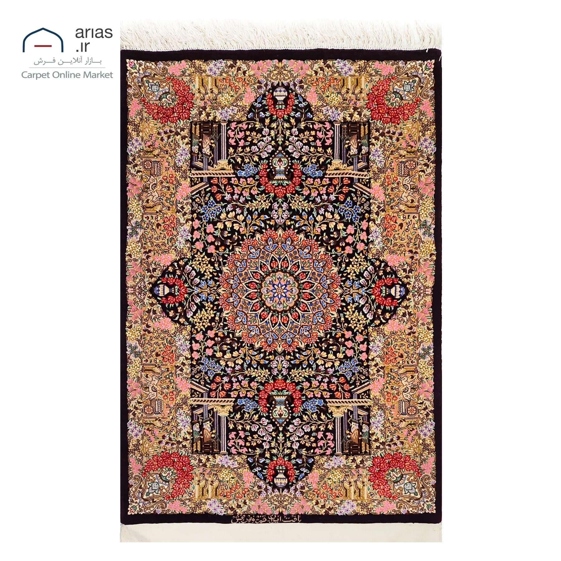 فرش دستباف کرک چله ابریشم زمینه مشکی قم مارک مهربخش کد D03213G
