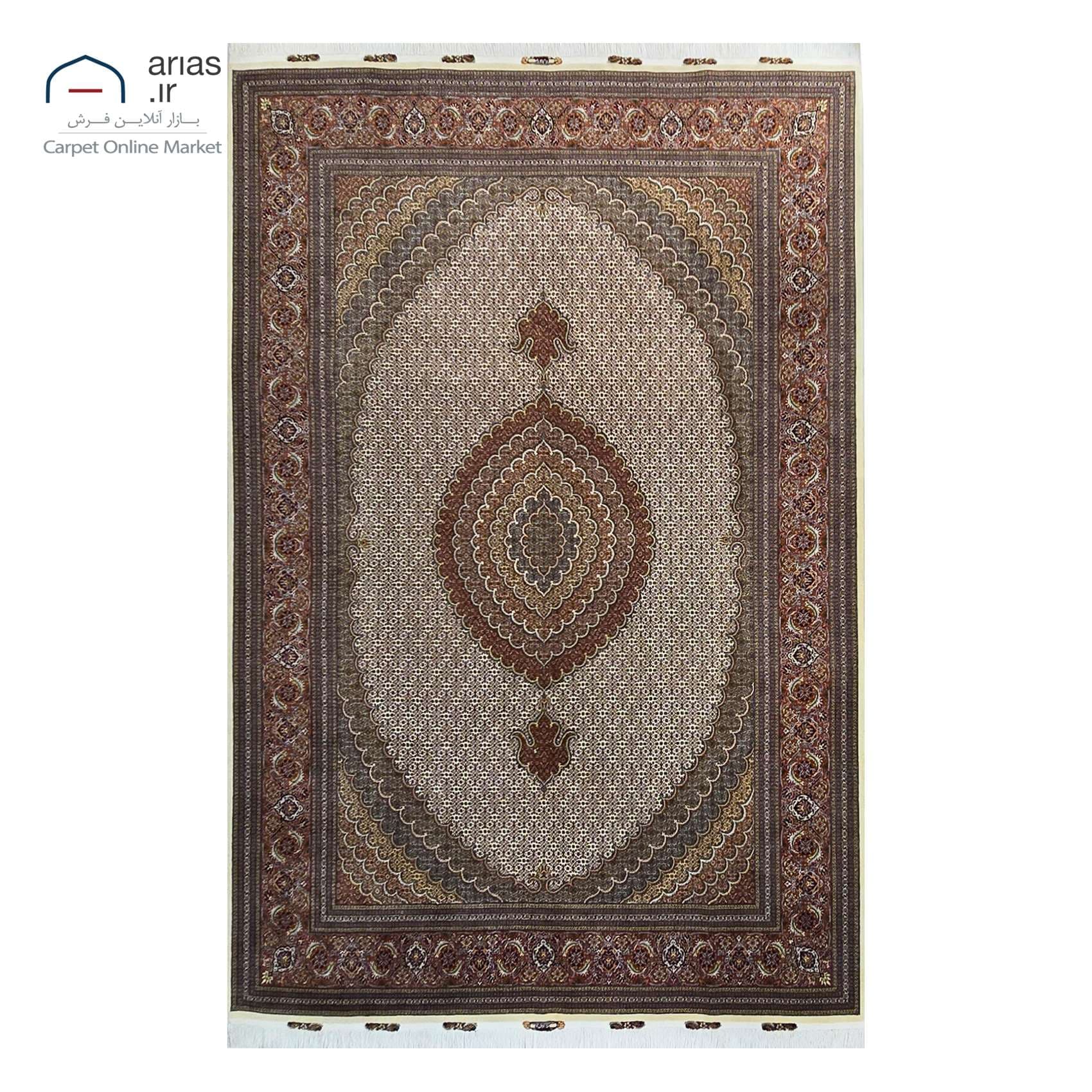 جفت فرش دستباف 9 متری چله نخ گل ابریشم نقشه ماهی تبریز مارک پیروزیان اعلا کد D13002T — تصویر ۵