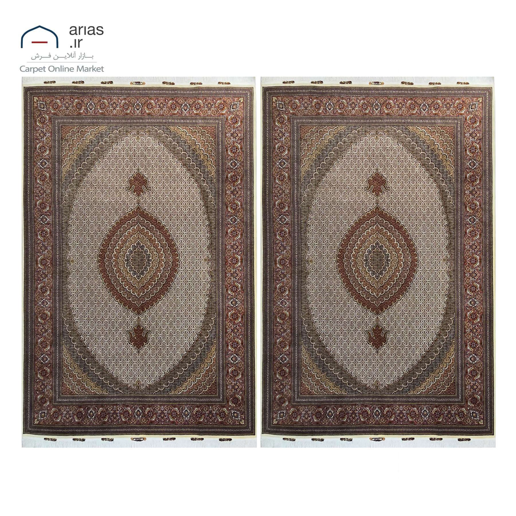 جفت فرش دستباف 9 متری چله نخ گل ابریشم نقشه ماهی تبریز مارک پیروزیان اعلا کد D13002T — تصویر ۴