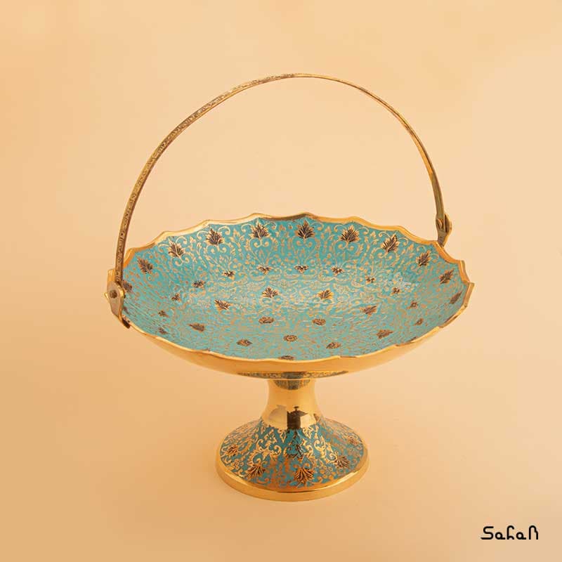 میوه خوری برنجی میناکاری پایه دار دسته دار طرح تاج — تصویر ۱۱