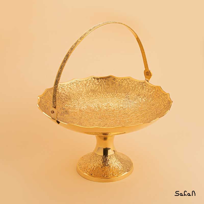میوه خوری برنجی میناکاری پایه دار دسته دار طرح تاج — تصویر ۵