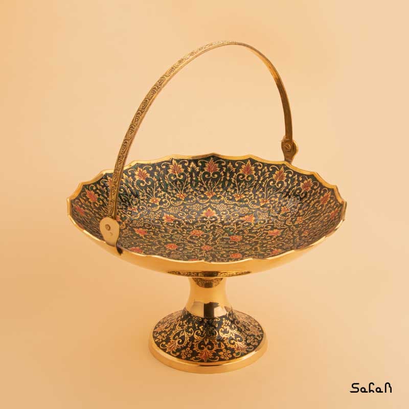 میوه خوری برنجی میناکاری پایه دار دسته دار طرح تاج — تصویر ۷