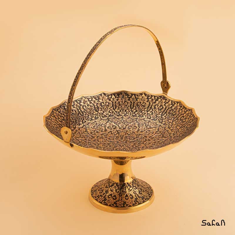 میوه خوری برنجی میناکاری پایه دار دسته دار طرح تاج