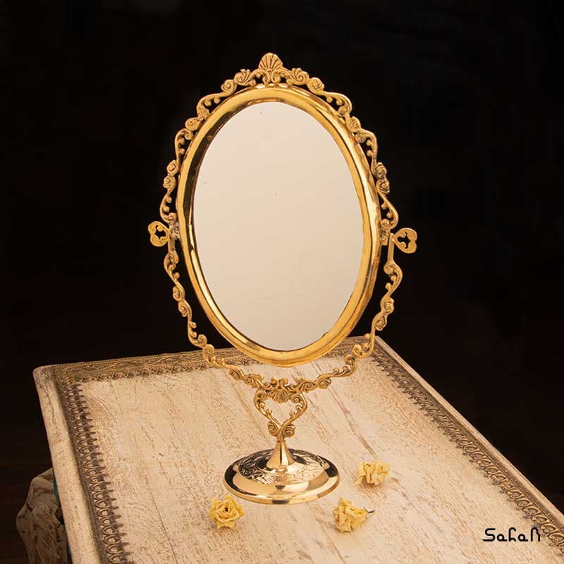 آینه برنجی هندی طلایی پایه دار بیضی