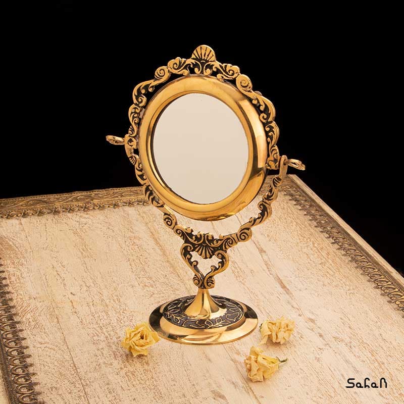 آینه برنجی هندی آنتیک پایه دار مدل دایره