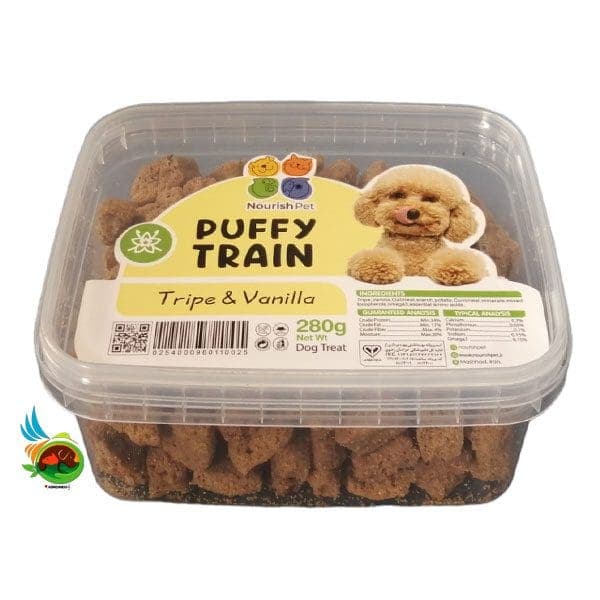 تشویقی سگ پافی ترین نوریش پت طعم سیرابی و وانیل Puffy train tripe &amp; vanilla وزن ۲۸۰ گرم