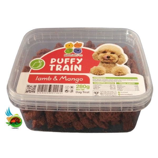 تشویقی سگ پافی ترین نوریش پت طعم بره و انبه Puffy train lamb &amp; mango وزن ۲۸۰ گرم