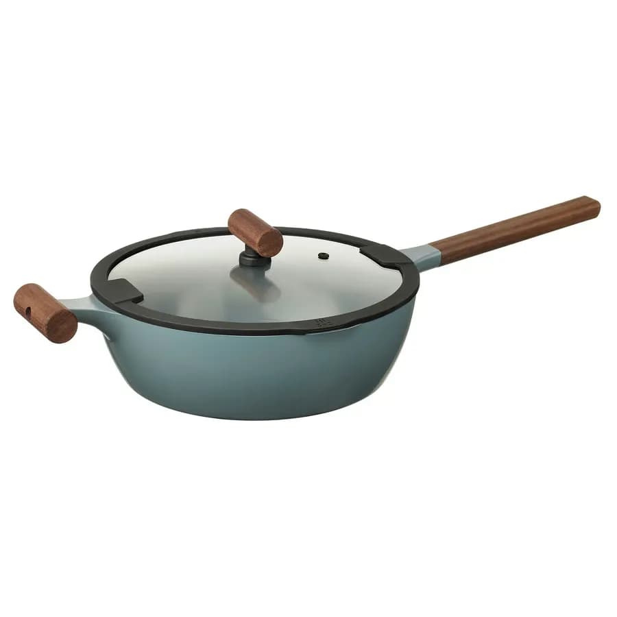 ماهیتابه با درب روکش نچسب شیشه‌ای/چوبی خاکستری-فیروزه‌ای سایز ۲۸ ایکیا مدل KLIPPFISK — تصویر ۸