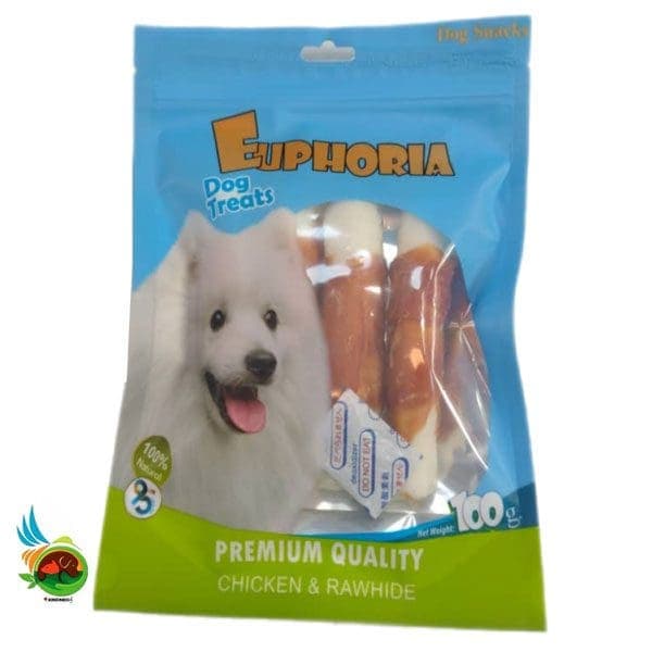 تشویقی سگ ایفوریا با طعم مرغ مدل میله ای فلورایدی دورپیچ Euphoria dog treats with chicken &amp; rawhide بسته 4 عددی