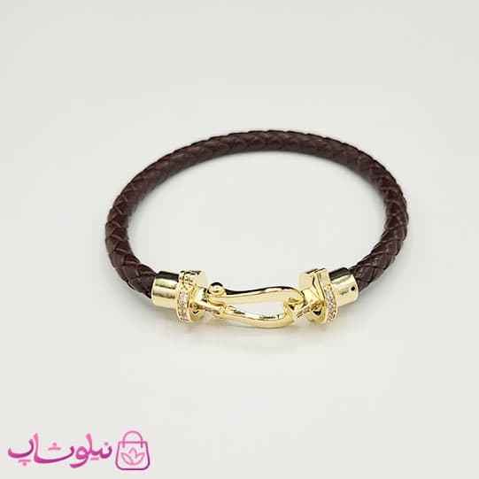 دستبند زنانه برند فرد Fred مدل چرم قهوه ای با قفل طلایی نگیندار استیل کیفیت مستر کد 680 — تصویر ۳
