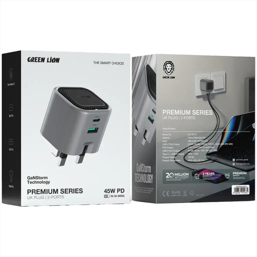 آداپتور شارژ GaN گرین لاین Green Lion Premium Series GaN Charger UK Plug PD 45W — تصویر ۳