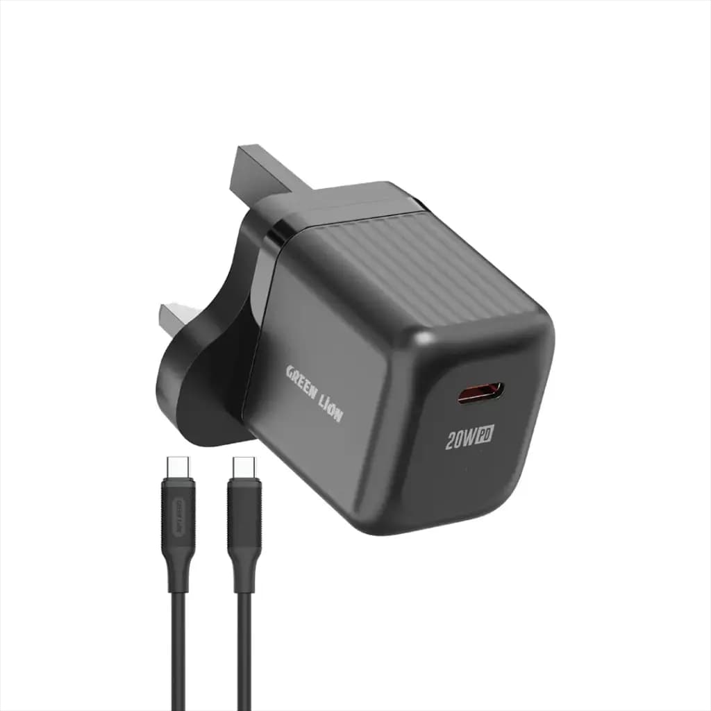 آداپتور شارژر با کابل تایپ سی به سی گرین لاین Green Lion Ultra Compact GaN Wall Charger UK Pin USB-C 20W with C to C — تصویر ۲