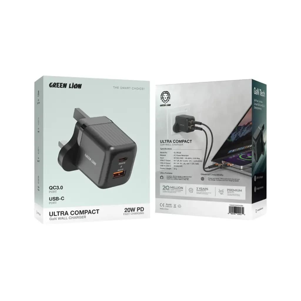 آداپتور Type-C و USB گرین لاین Green Lion Ultra Compact GaN Wall Charger UK Pin A+C 20W (with C to C / C to L Cable) — تصویر ۵