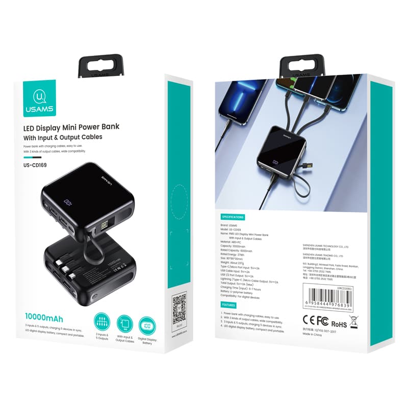پاوربانک یوسمز مدل USAMS LED Display Mini Power Bank US-CD169 با ظرفیت 10000mAh به همراه کابل — تصویر ۴