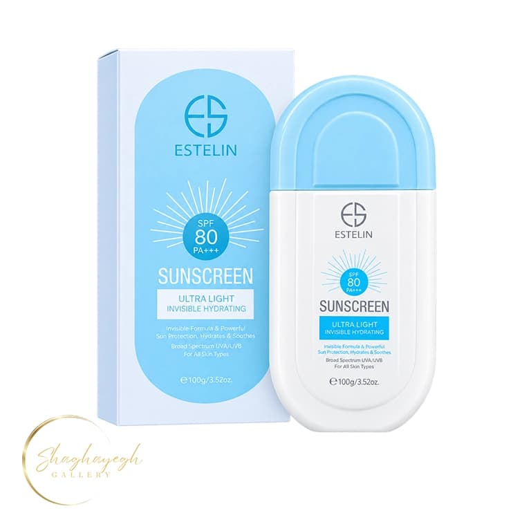 کرم ضد افتاب بی رنگ ابرسان SPF 80 استلین ۱۰۰ گرم Estelin Invisible Hydrating Sunscreen SPF80 PA+++ 100g