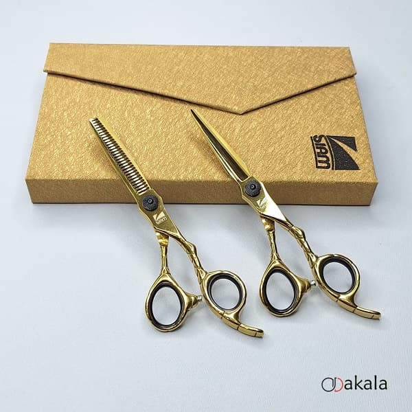 ست قیچی آرایشگری صیام_فینی 6 اینچ مدل A-B60-18 قدرتی طلایی تم مشکی — تصویر ۱۱