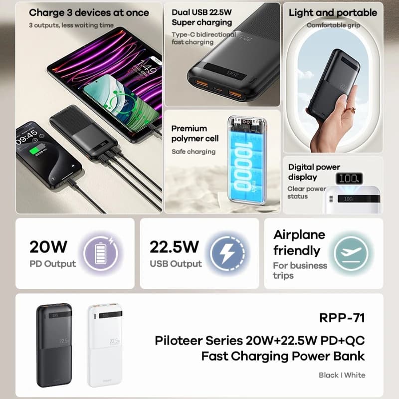 پاوربانک ریمکس مدل RPP-71 ظرفیت 10000 میلی آمپر ساعت — تصویر ۴