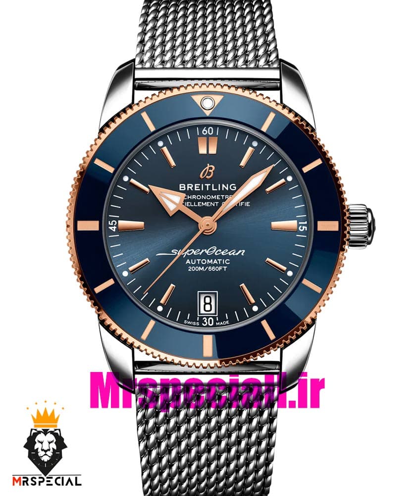 ساعت برایتلینگ مردانه اتوماتیک بند استیل حصیری قاب رزگلد صفحه ابی Breitling Super Ocean 020957 — تصویر ۶