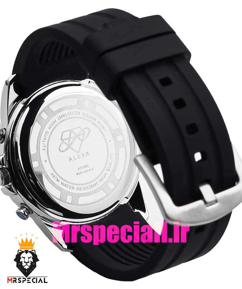 ساعت الکسا مردانه سه موتور فول دیت بند رابر مشکی قاب استیل صفحه سفید 020932 ALEXA Special — تصویر ۴