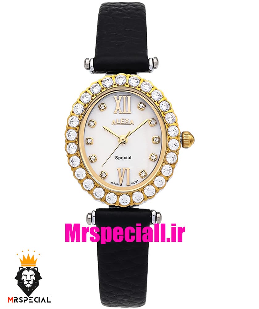 ساعت الکسا زنانه طلایی نقره ای بند چرم صفحه بیضی قاب نگین دار صفحه سفید 020927 ALEXA Special — تصویر ۲