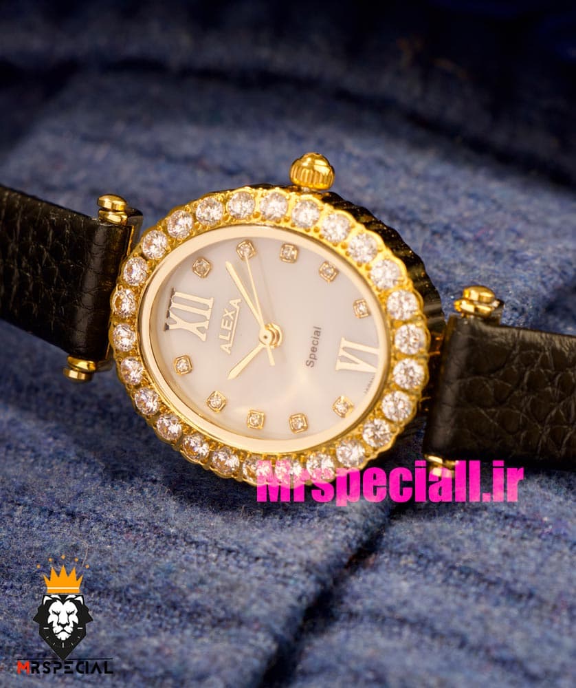 ساعت الکسا زنانه طلایی نقره ای بند چرم صفحه بیضی قاب نگین دار صفحه سفید 020927 ALEXA Special — تصویر ۴