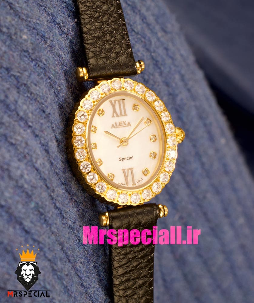 ساعت الکسا زنانه طلایی نقره ای بند چرم صفحه بیضی قاب نگین دار صفحه سفید 020927 ALEXA Special — تصویر ۶