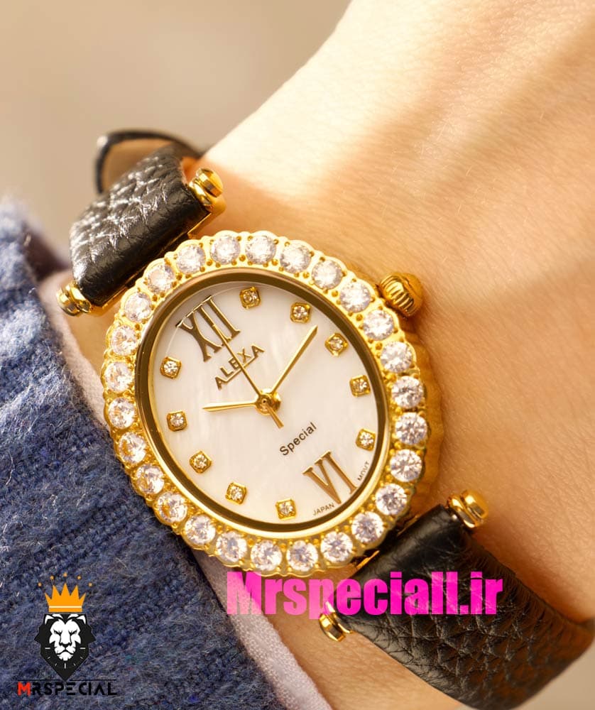 ساعت الکسا زنانه طلایی نقره ای بند چرم صفحه بیضی قاب نگین دار صفحه سفید 020927 ALEXA Special — تصویر ۵
