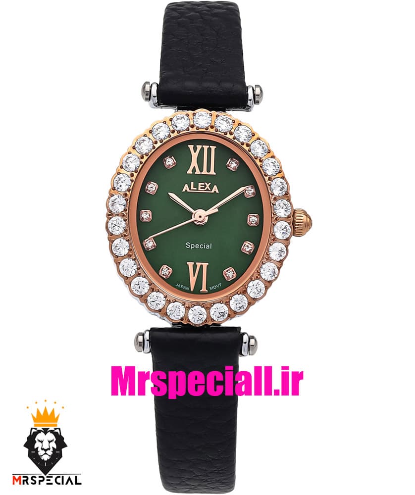 ساعت الکسا زنانه رزگلد نقره ای بند چرم صفحه بیضی قاب نگین دار صفحه سبز 020925 ALEXA Special — تصویر ۲