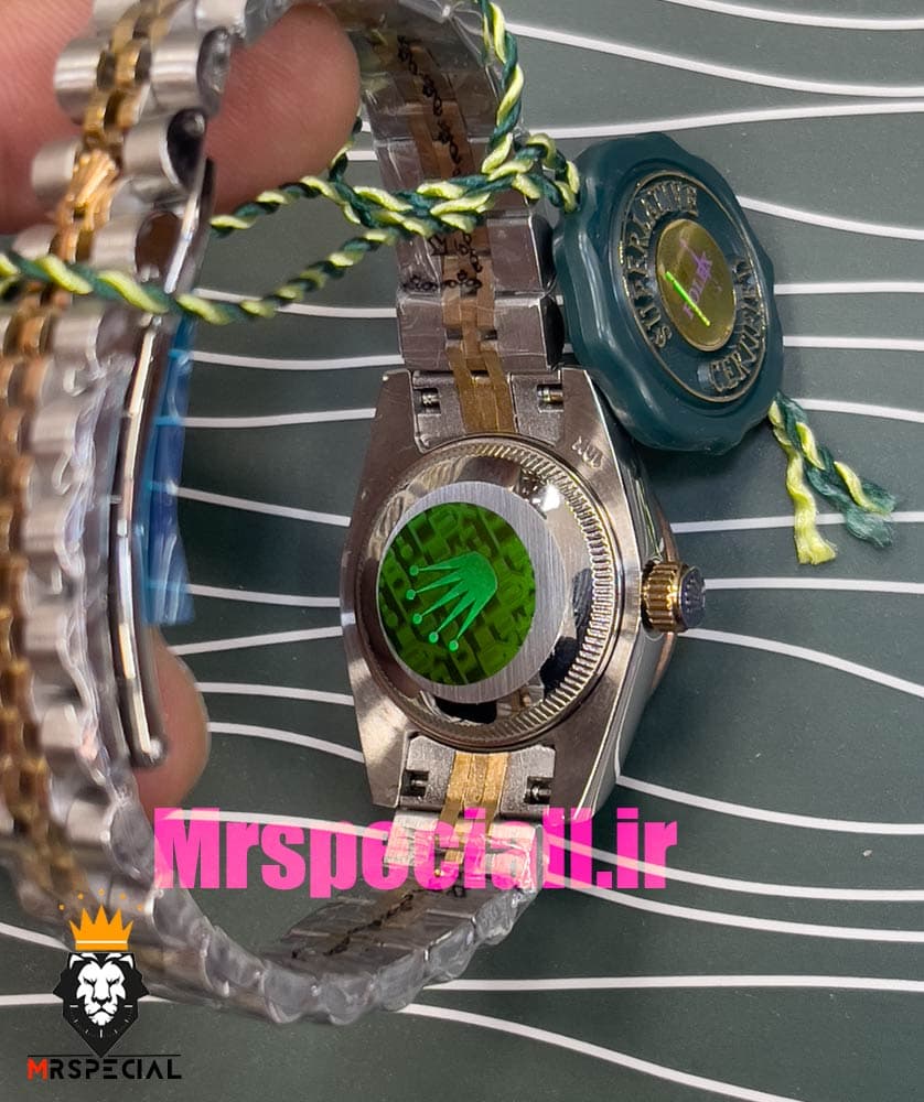 ساعت رولکس زنانه دیت جاست اتوماتیک دورنگ رزگلد قاب نگین صفحه سفید صدف 020918 ROLEX DATEJUST — تصویر ۸