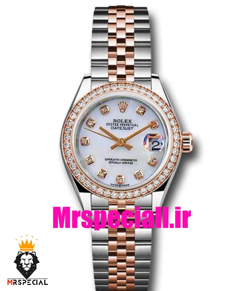 ساعت رولکس زنانه دیت جاست اتوماتیک دورنگ رزگلد قاب نگین صفحه سفید صدف 020918 ROLEX DATEJUST
