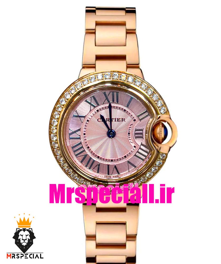 ساعت زنانه کارتیه مدل بالن بلو بند استیل رزگلد صفحه صورتی قاب نگین cartier ballon bleu 020910