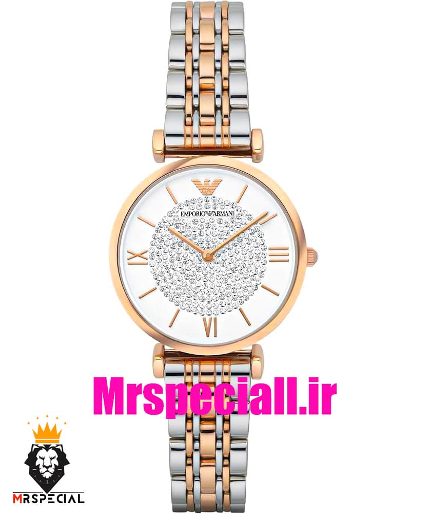 ساعت امپریو ارمانی زنانه استیل دو رنگ رزگلد صفحه سفید نگینی 020902 EMPORIO ARMANI