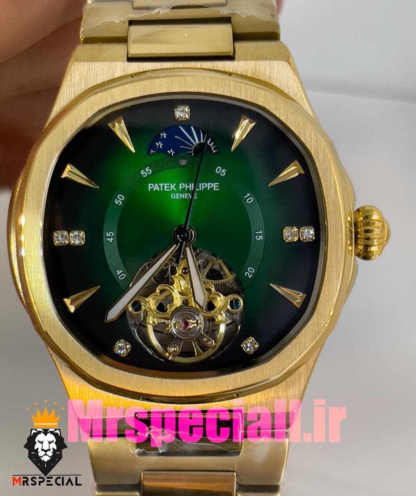 ساعت پتک فیلیپ مردانه مدل ناتیلوس اتومات طلایی صفحه سبز Patek Philippe NUATILOS 020878 — تصویر ۹