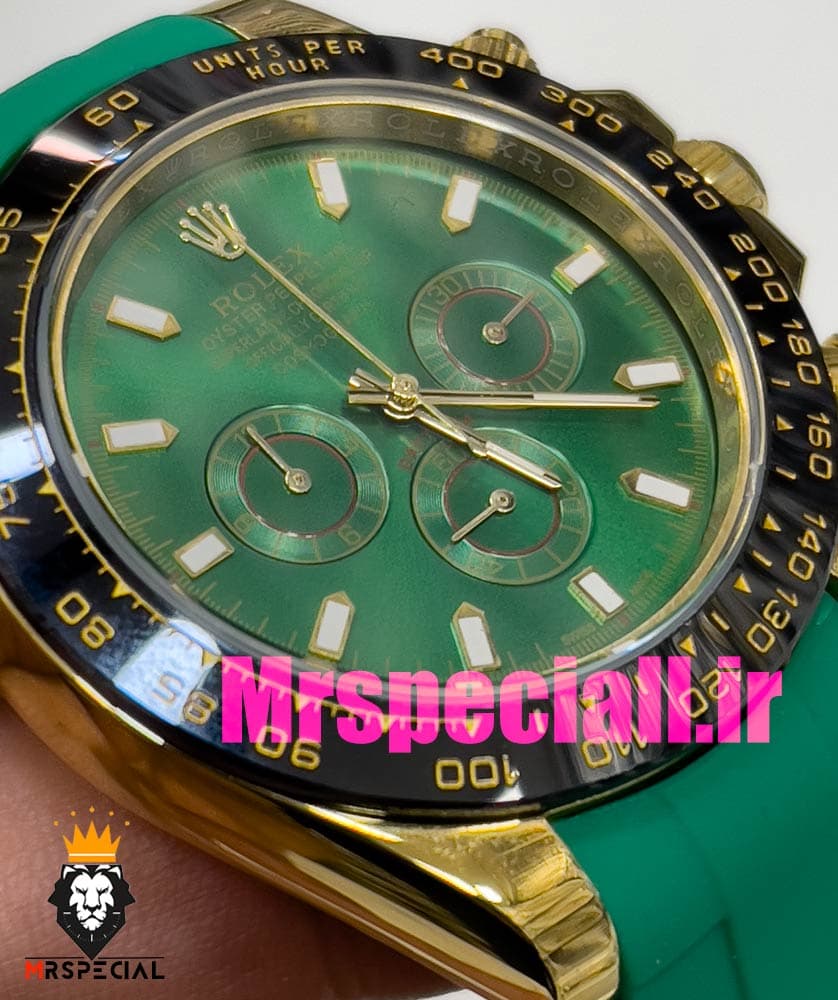 ساعت مردانه رولکس دیتونا کوارتز فول دیت طلایی بند رابر سبز قاب سرامیک 020840 ROLEX DAYTONA — تصویر ۱۲