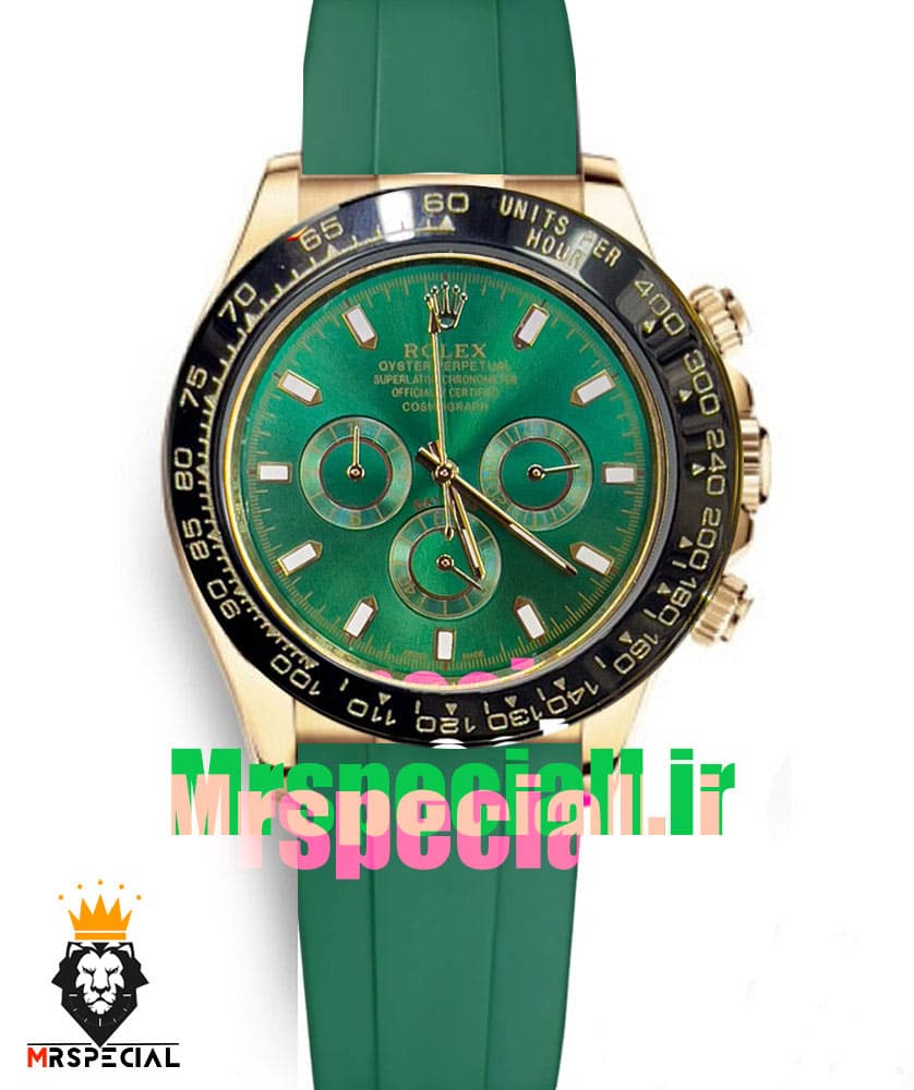 ساعت مردانه رولکس دیتونا کوارتز فول دیت طلایی بند رابر سبز قاب سرامیک 020840 ROLEX DAYTONA