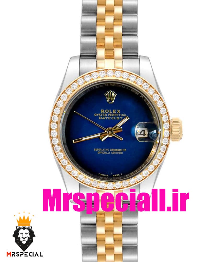 ساعت زنانه رولکس دیت جاست کوارتز قاب نگین دورنگ طلایی صفحه ابی مشکی 020832 ROLEX DATEJUST
